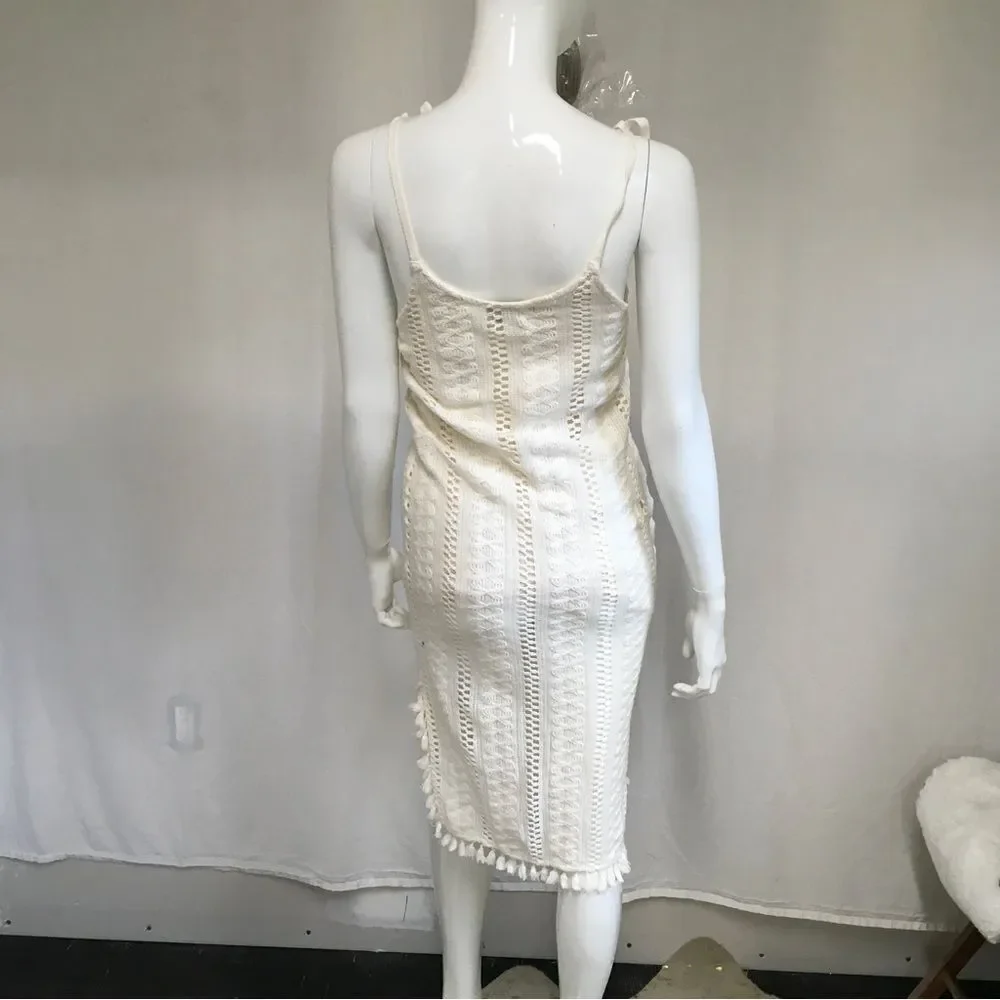 Reserved Womens Crochet Tasseled Trim W/ Slit Dress Cover Up Off White XS
